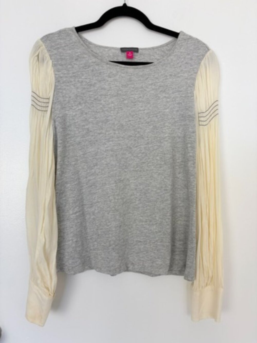 Vince Camuto Mixed Media Knit Blouse Pleated Balloon Sleeve Gray Ivory M